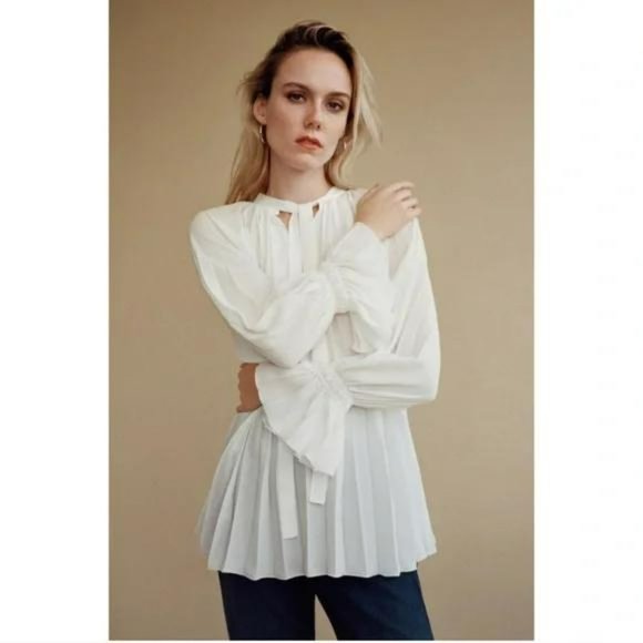 NWT ZARA PLEATED BOW BLOUSE WHITE - Picture 2 of 5